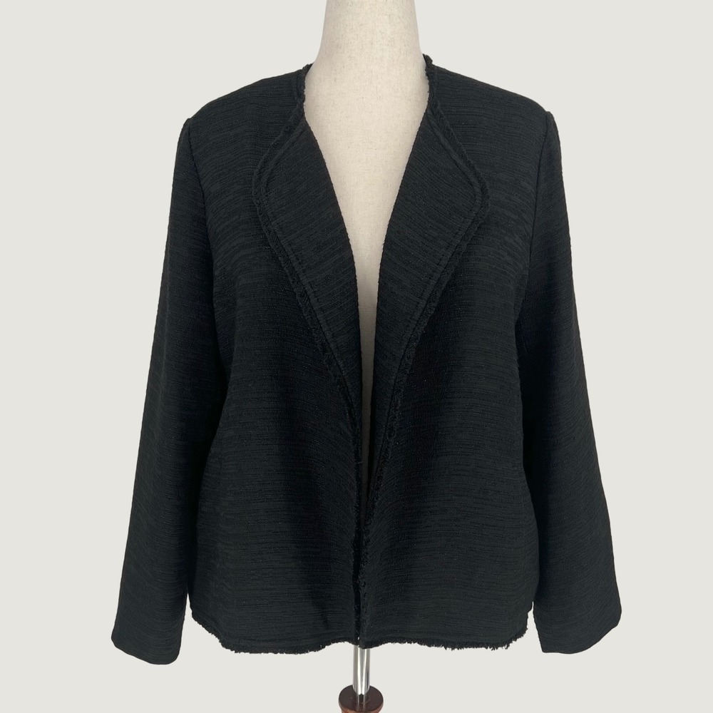 Eileen Fisher Womens Tweed Fringe Trim Open Front Blazer Jacket Size XL Black